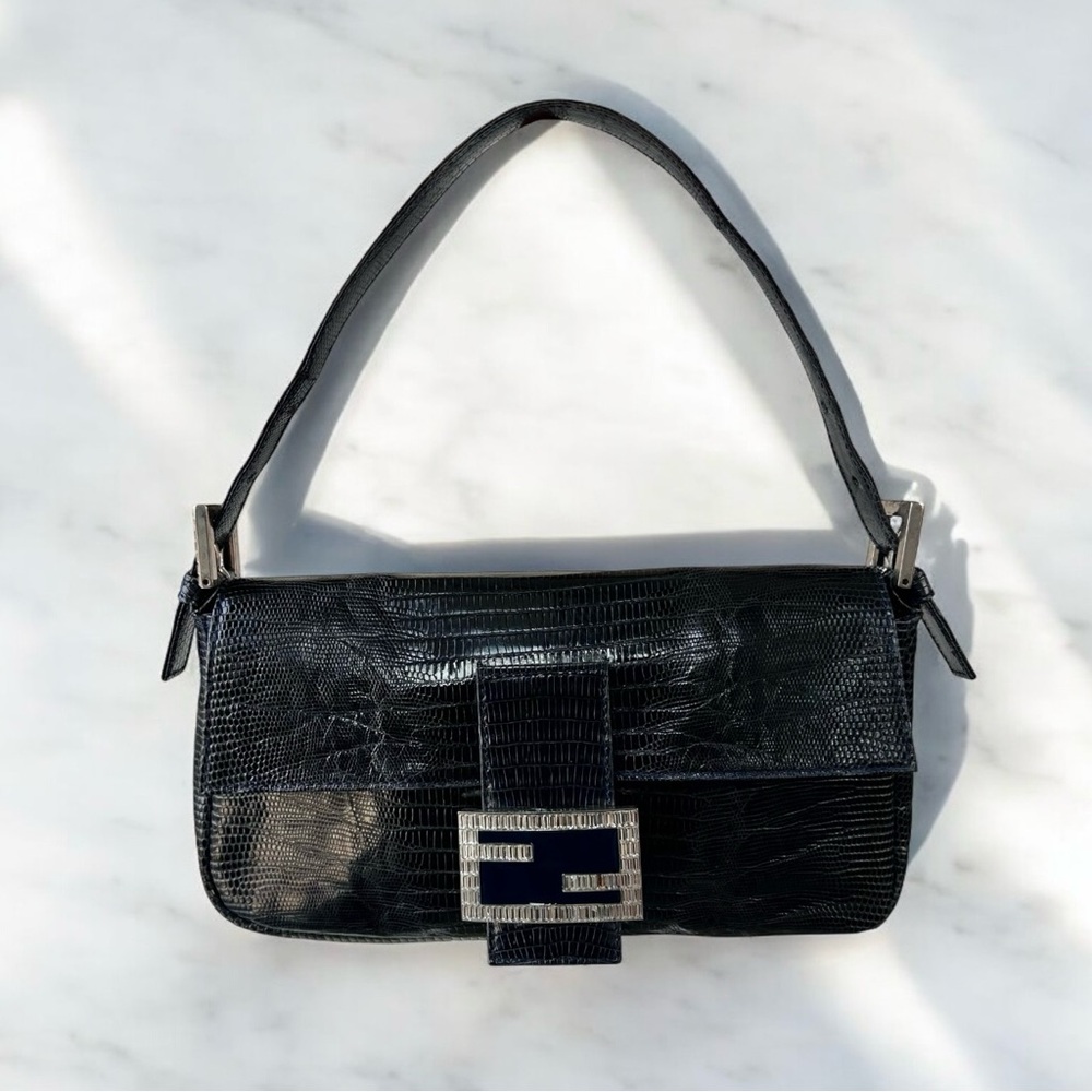 Rare Vintage Fendi Crystal Embellished Lizard Baguette Bag